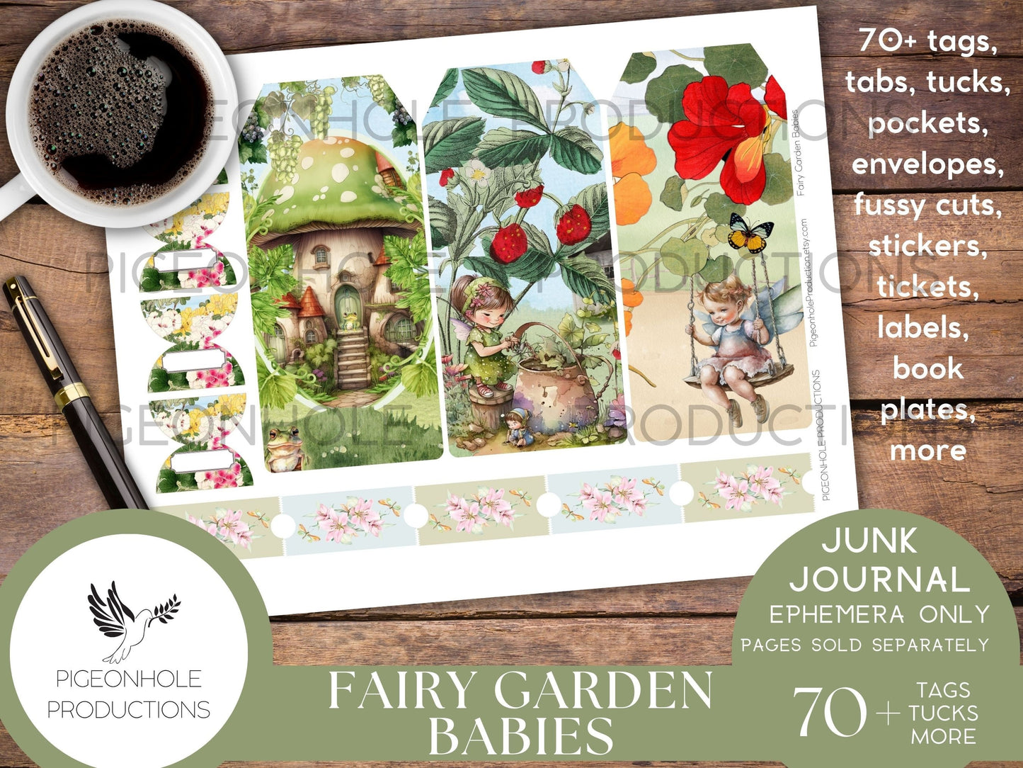 Fairy Garden Babies Junk Journal EPHEMERA, PRINTABLE, 70+ tags, tucks, pockets, envelopes, fussy cuts, stickers, tickets, labels, more!