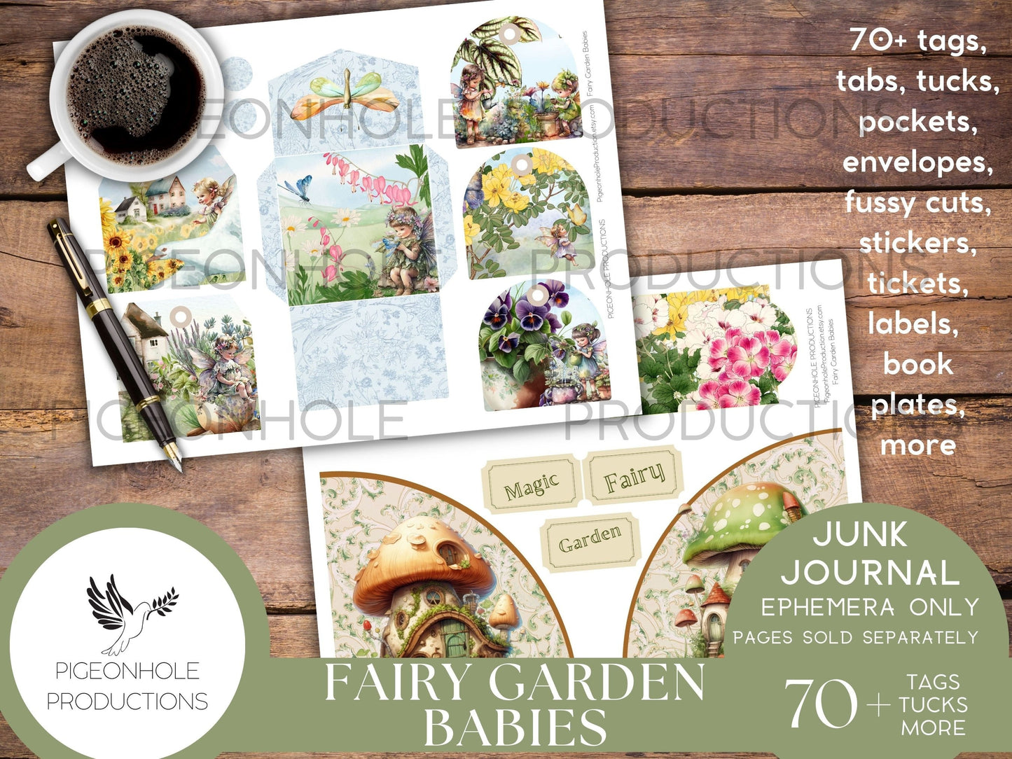 Fairy Garden Babies Junk Journal EPHEMERA, PRINTABLE, 70+ tags, tucks, pockets, envelopes, fussy cuts, stickers, tickets, labels, more!