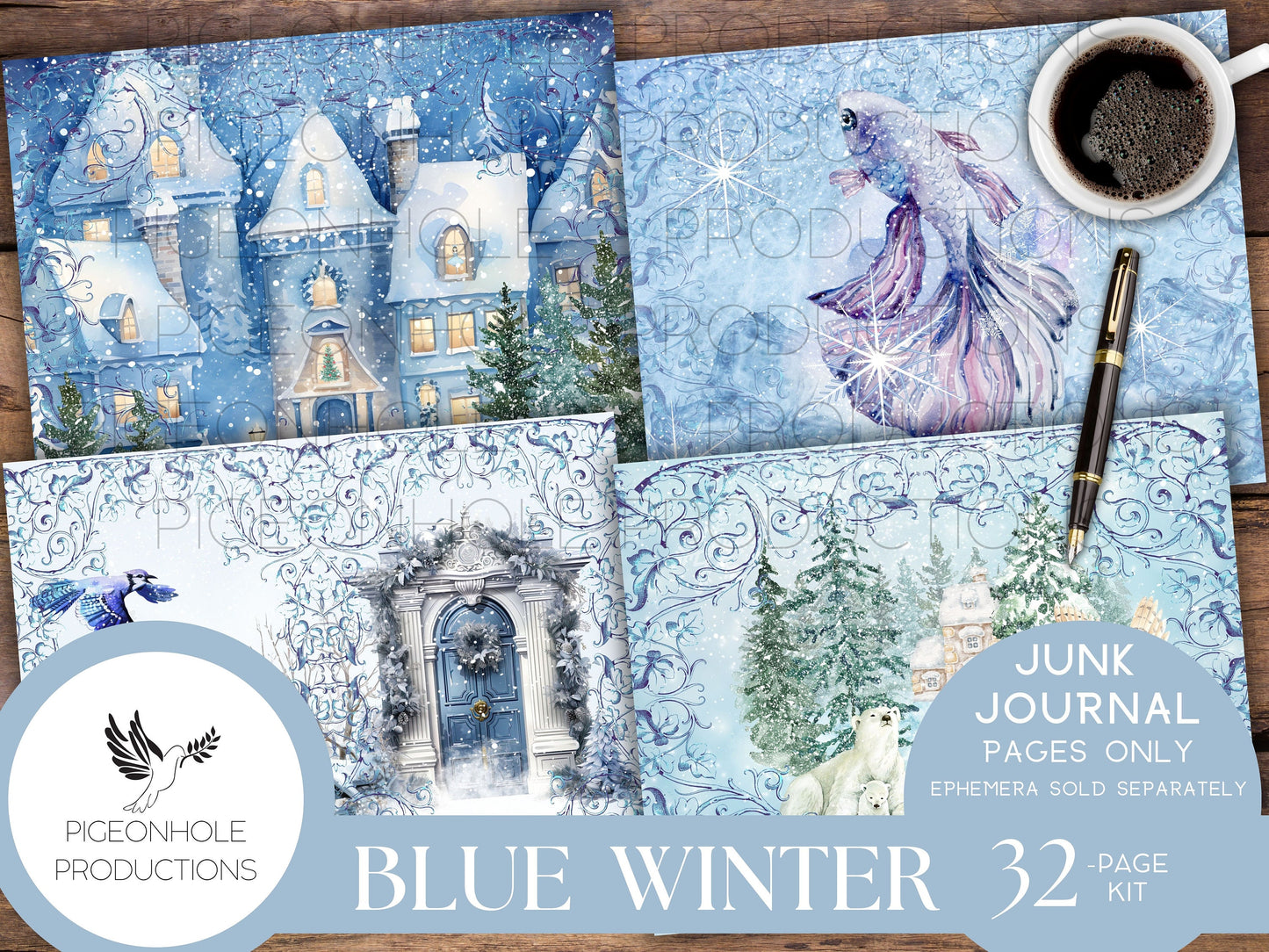 Blue Winter Junk Journal Pages, PRINTABLE, 32 collage, lined & unlined journal papers in frosty winter scenes, lovely blues, pretty images