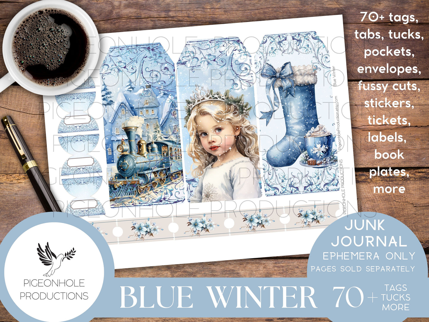 Blue Winter Junk Journal EPHEMERA, PRINTABLE, 70+ tags, tucks, pockets, envelopes, fussy cuts, stickers, tickets, labels, bookplates, SHABBY