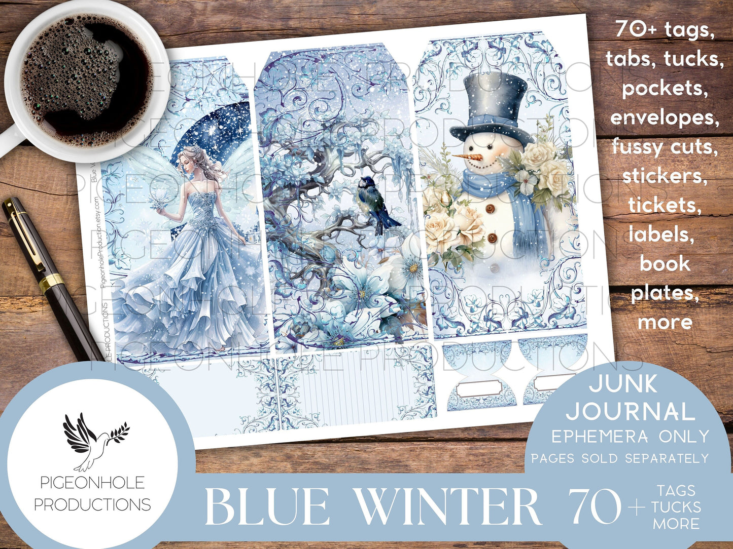 Blue Winter Junk Journal EPHEMERA, PRINTABLE, 70+ tags, tucks, pockets, envelopes, fussy cuts, stickers, tickets, labels, bookplates, SHABBY