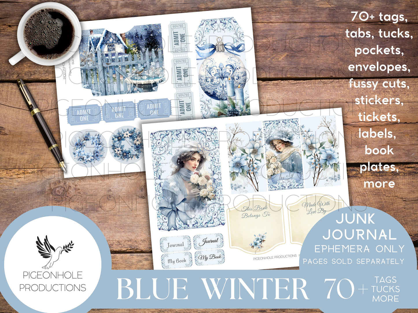 Blue Winter Junk Journal EPHEMERA, PRINTABLE, 70+ tags, tucks, pockets, envelopes, fussy cuts, stickers, tickets, labels, bookplates, SHABBY