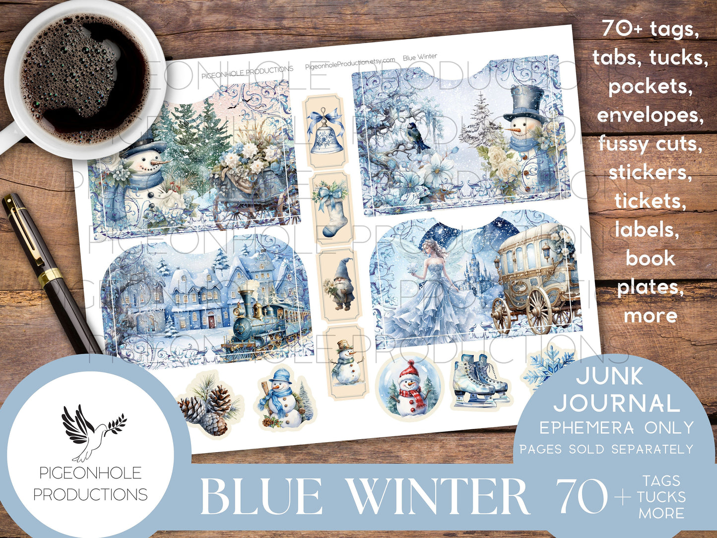Blue Winter Junk Journal EPHEMERA, PRINTABLE, 70+ tags, tucks, pockets, envelopes, fussy cuts, stickers, tickets, labels, bookplates, SHABBY