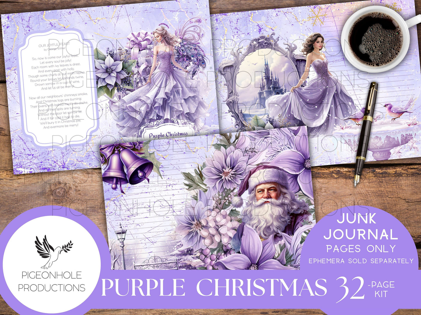 Purple Christmas Junk Journal Pages, PRINTABLE, 32 collage, lined & unlined wintery Christmas scenes, lovely purples, lavenders, Santa Claus