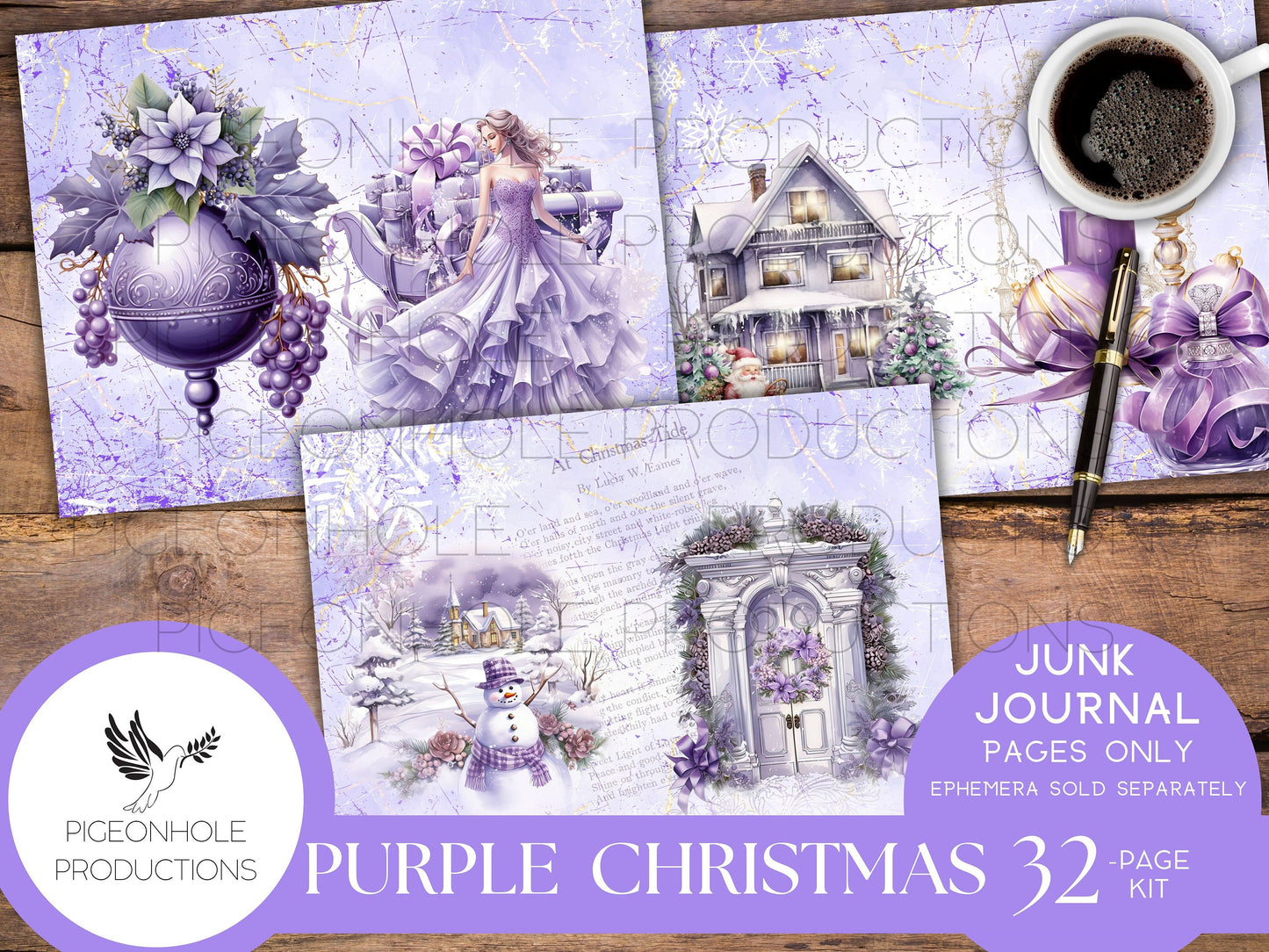 Purple Christmas Junk Journal Pages, PRINTABLE, 32 collage, lined & unlined wintery Christmas scenes, lovely purples, lavenders, Santa Claus