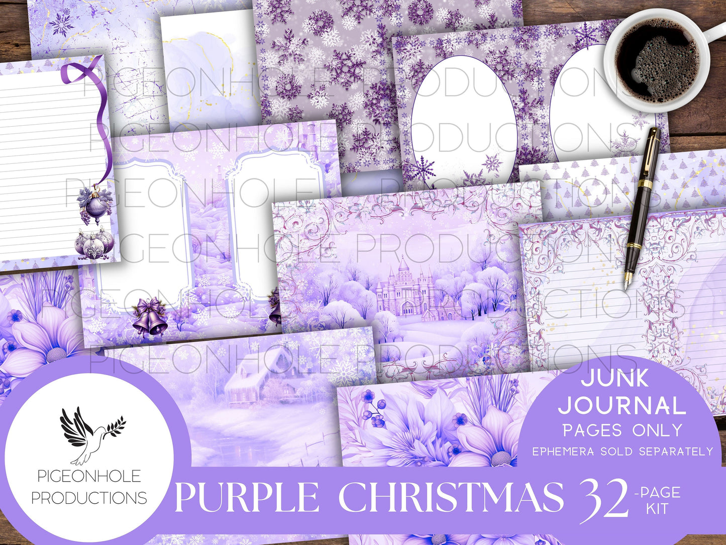 Purple Christmas Junk Journal Pages, PRINTABLE, 32 collage, lined & unlined wintery Christmas scenes, lovely purples, lavenders, Santa Claus