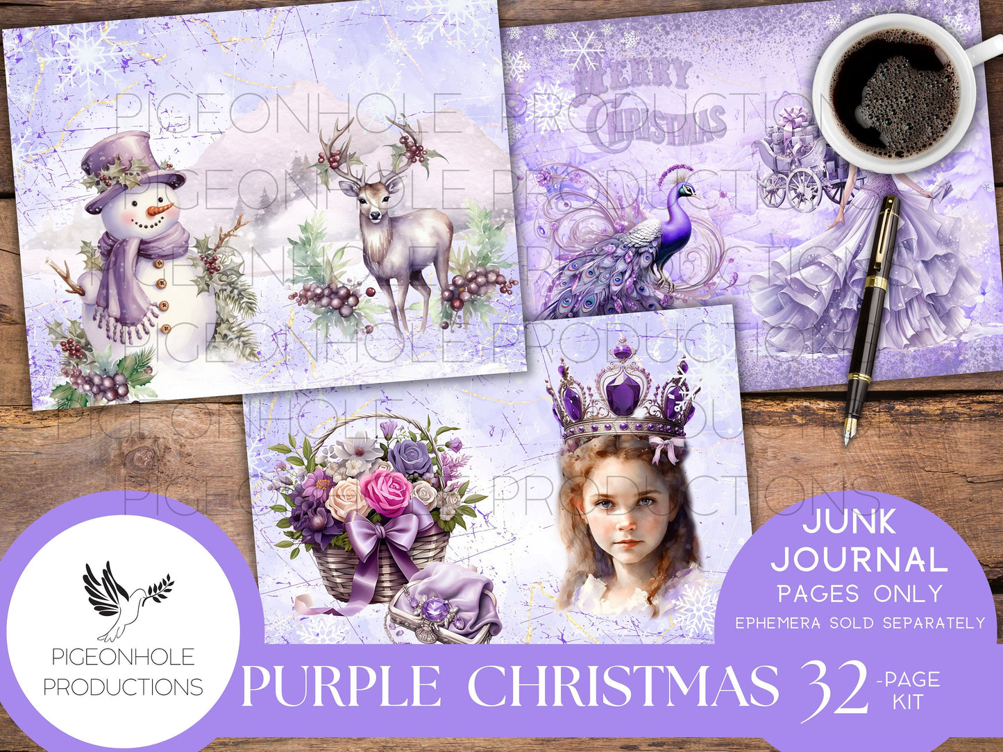 Purple Christmas Junk Journal Pages, PRINTABLE, 32 collage, lined & unlined wintery Christmas scenes, lovely purples, lavenders, Santa Claus