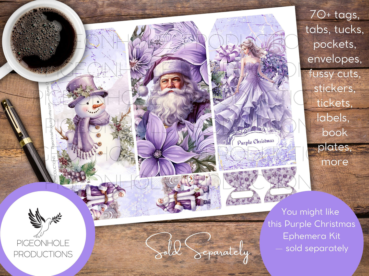 Purple Christmas Junk Journal Pages, PRINTABLE, 32 collage, lined & unlined wintery Christmas scenes, lovely purples, lavenders, Santa Claus