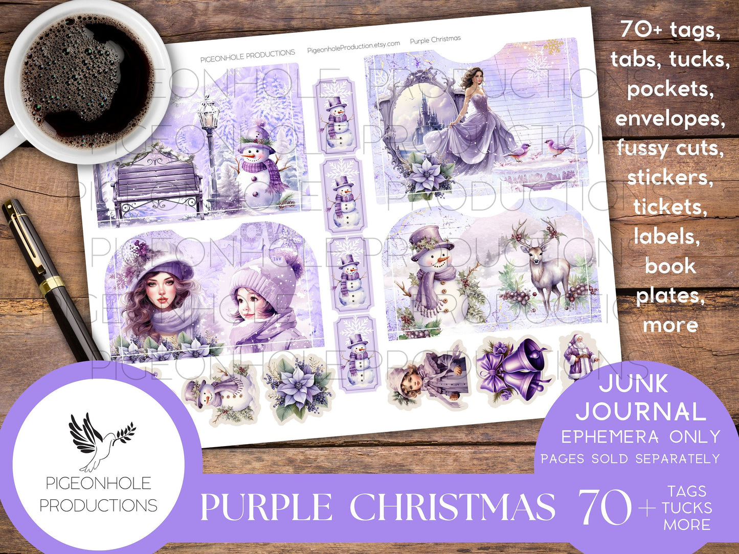 Purple Christmas Junk Journal EPHEMERA, PRINTABLE, 70+ tags, tucks, pockets, envelopes, fussy cuts, stickers, tickets, labels, bookplates
