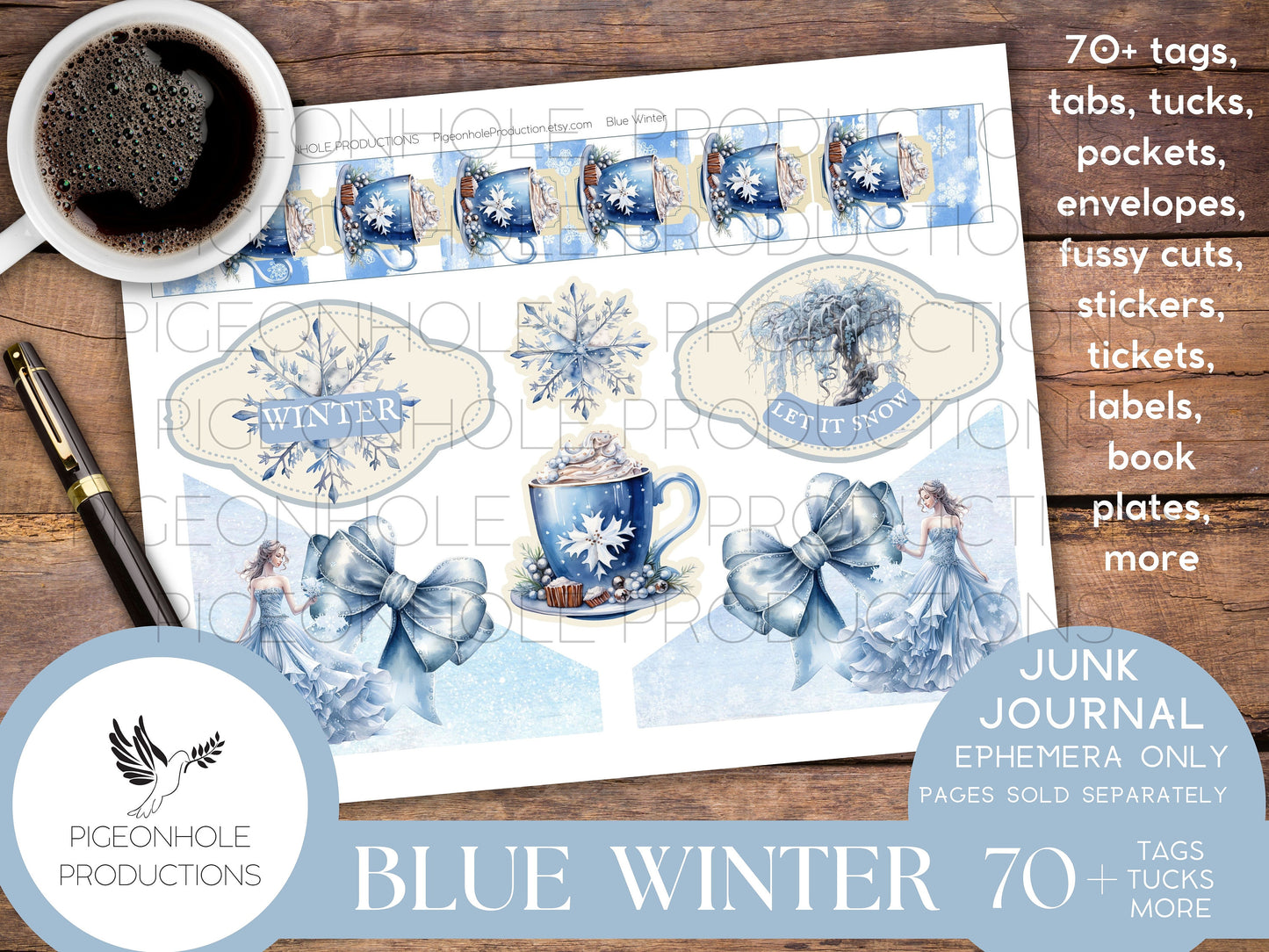 Blue Winter Junk Journal EPHEMERA, PRINTABLE, 70+ tags, tucks, pockets, envelopes, fussy cuts, stickers, tickets, labels, bookplates, SHABBY