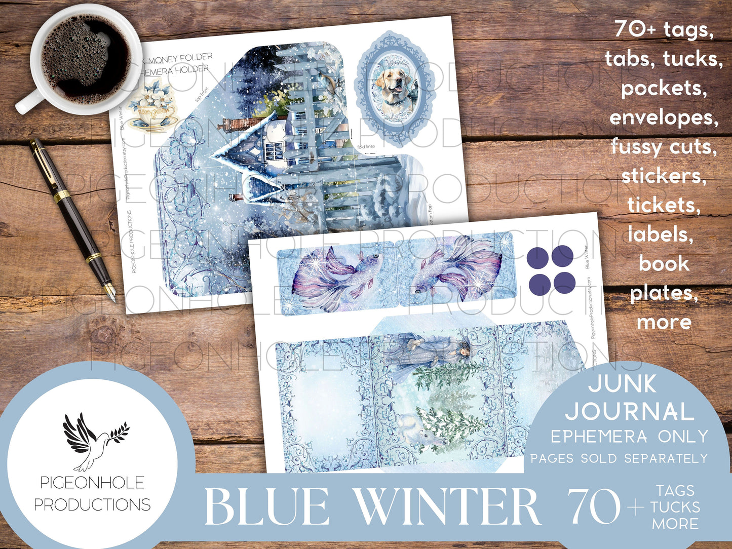 Blue Winter Junk Journal EPHEMERA, PRINTABLE, 70+ tags, tucks, pockets, envelopes, fussy cuts, stickers, tickets, labels, bookplates, SHABBY