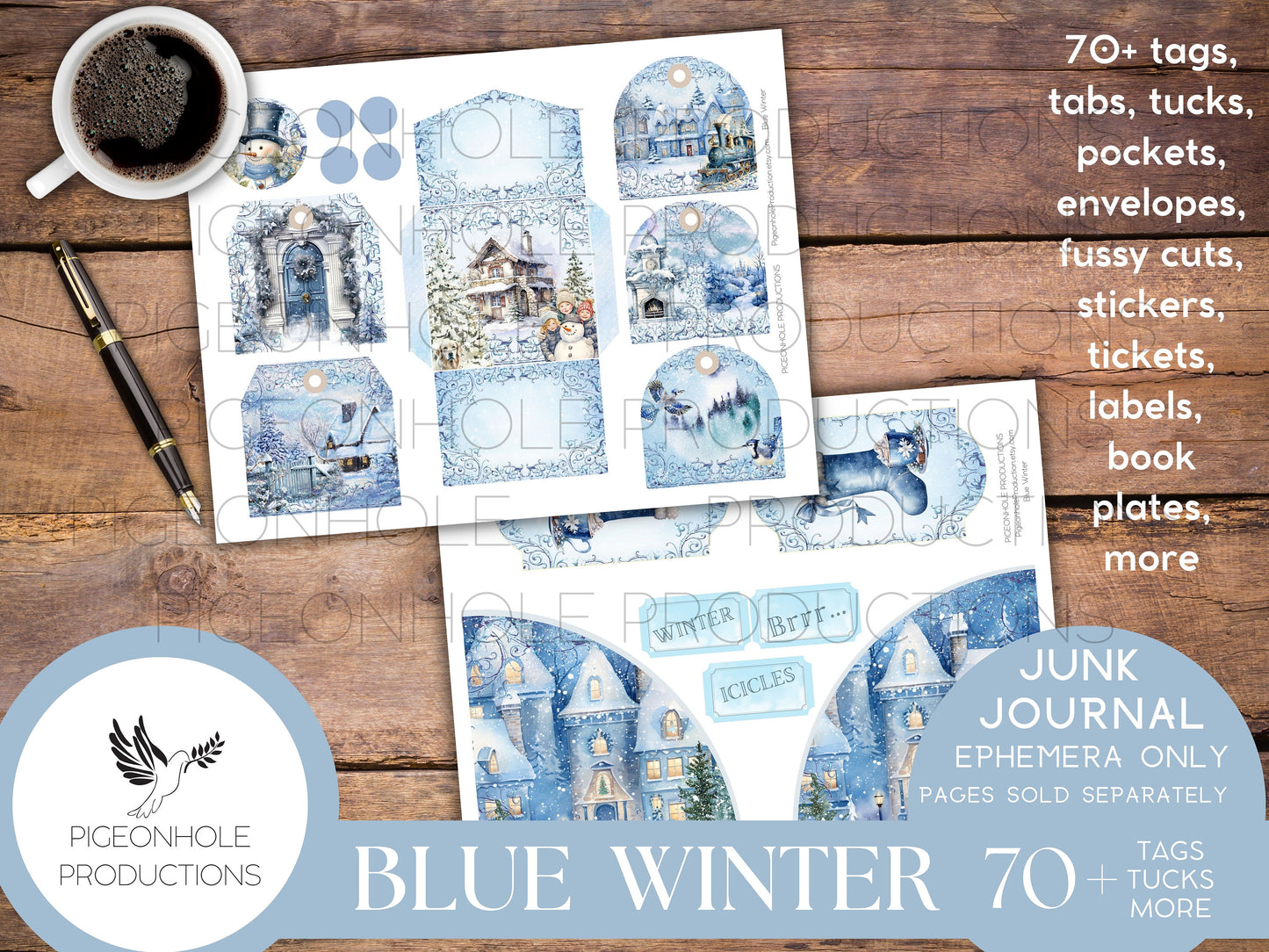 Blue Winter Junk Journal EPHEMERA, PRINTABLE, 70+ tags, tucks, pockets, envelopes, fussy cuts, stickers, tickets, labels, bookplates, SHABBY