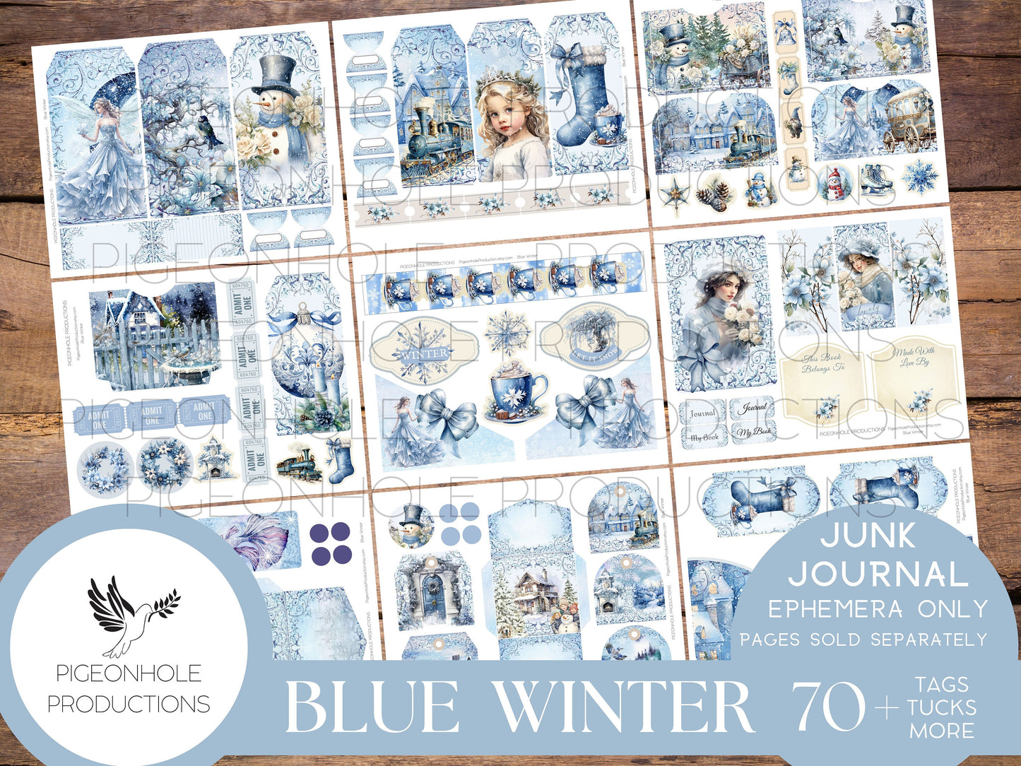Blue Winter Junk Journal EPHEMERA, PRINTABLE, 70+ tags, tucks, pockets, envelopes, fussy cuts, stickers, tickets, labels, bookplates, SHABBY