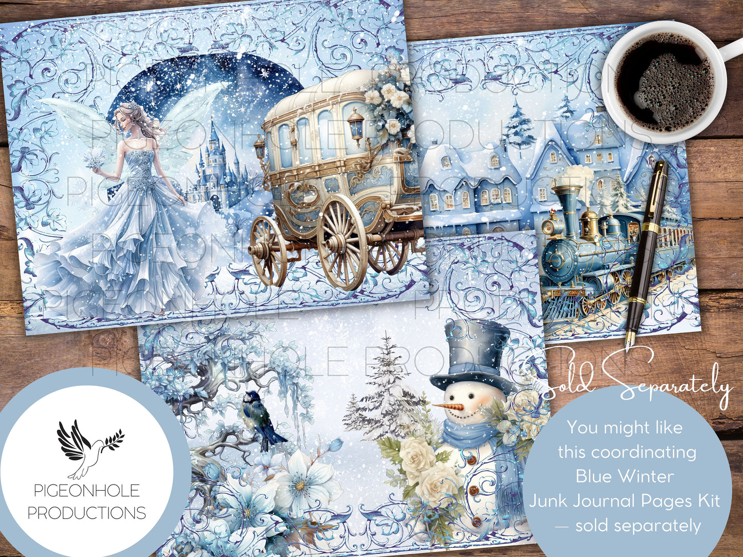 Blue Winter Junk Journal EPHEMERA, PRINTABLE, 70+ tags, tucks, pockets, envelopes, fussy cuts, stickers, tickets, labels, bookplates, SHABBY