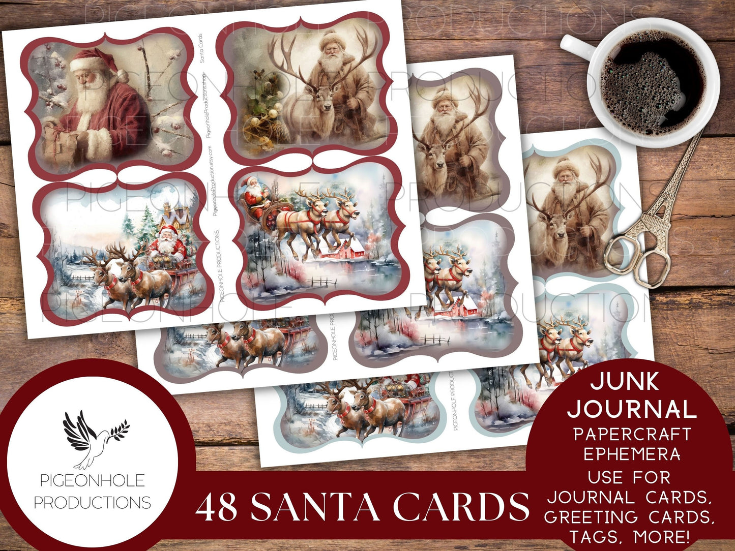 Santa Cards, PRINTABLE, 48 cards for junk journals, traditional journals, papercraft ephemera, greeting card toppers & junk journal toppers