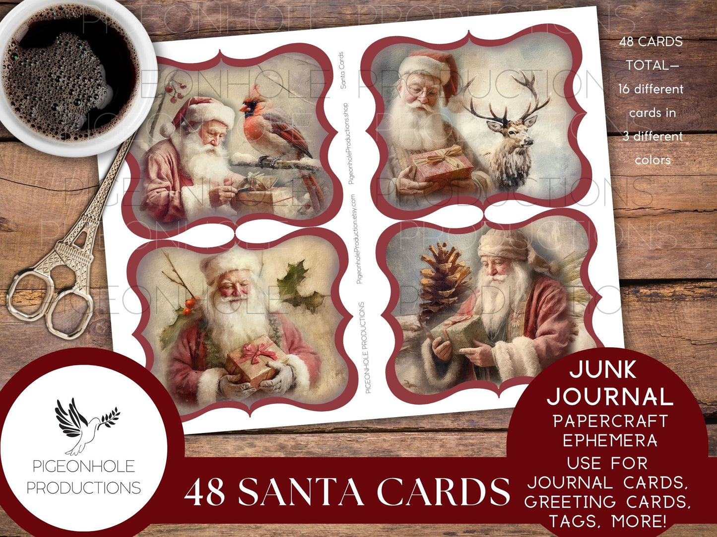 Santa Cards, PRINTABLE, 48 cards for junk journals, traditional journals, papercraft ephemera, greeting card toppers & junk journal toppers