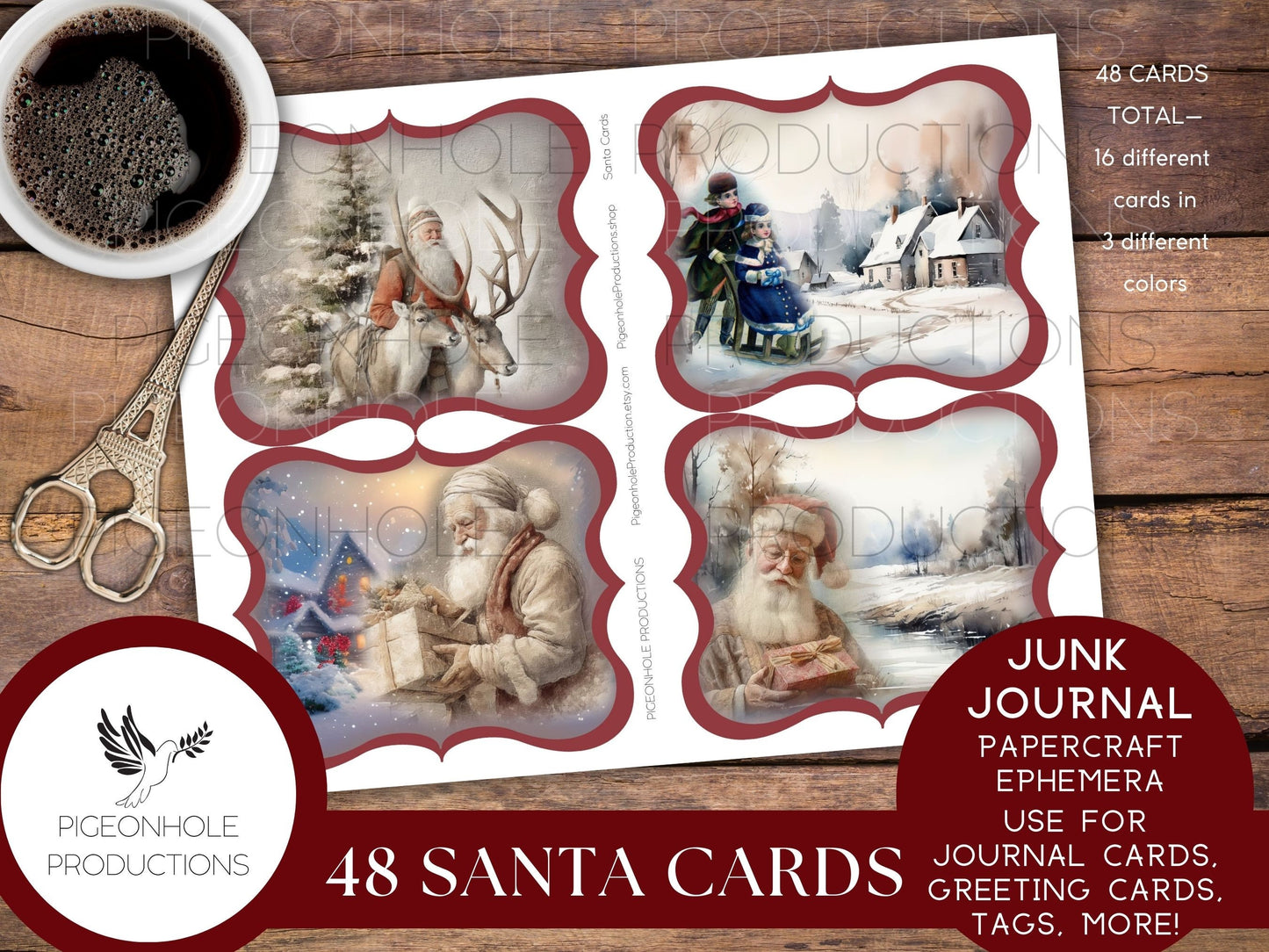 Santa Cards, PRINTABLE, 48 cards for junk journals, traditional journals, papercraft ephemera, greeting card toppers & junk journal toppers