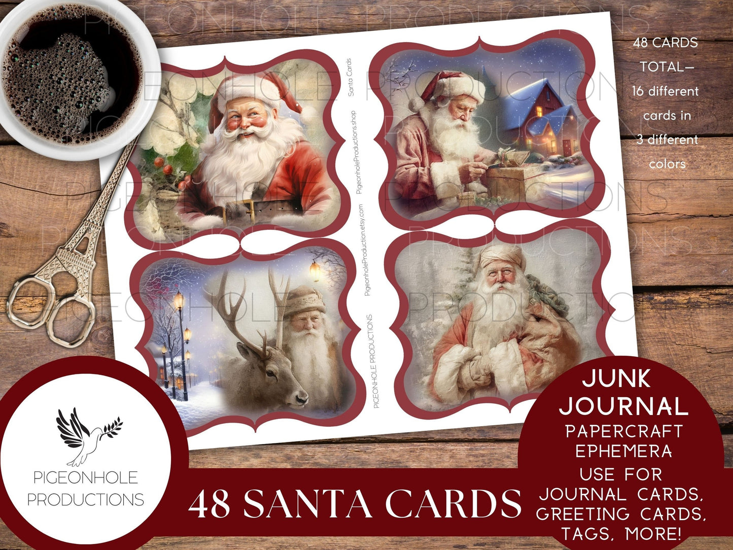 Santa Cards, PRINTABLE, 48 cards for junk journals, traditional journals, papercraft ephemera, greeting card toppers & junk journal toppers