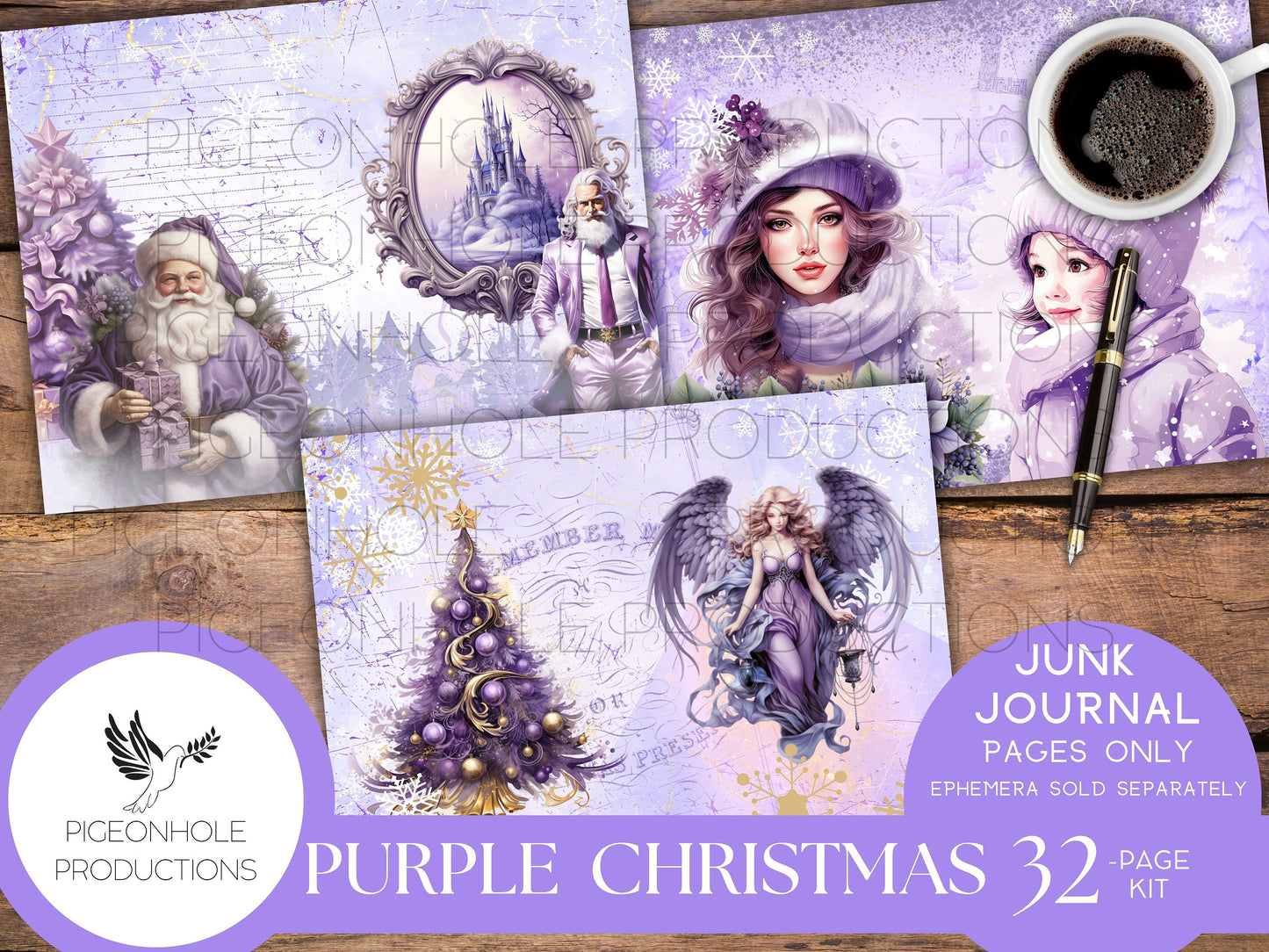 Purple Christmas Junk Journal Pages, PRINTABLE, 32 collage, lined & unlined wintery Christmas scenes, lovely purples, lavenders, Santa Claus