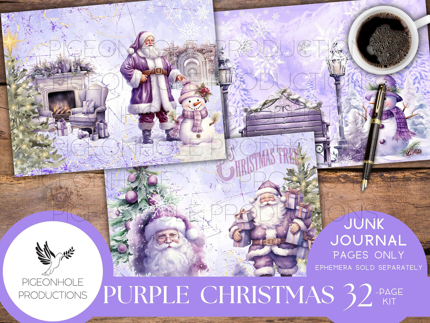 Purple Christmas Junk Journal Pages, PRINTABLE, 32 collage, lined & unlined wintery Christmas scenes, lovely purples, lavenders, Santa Claus