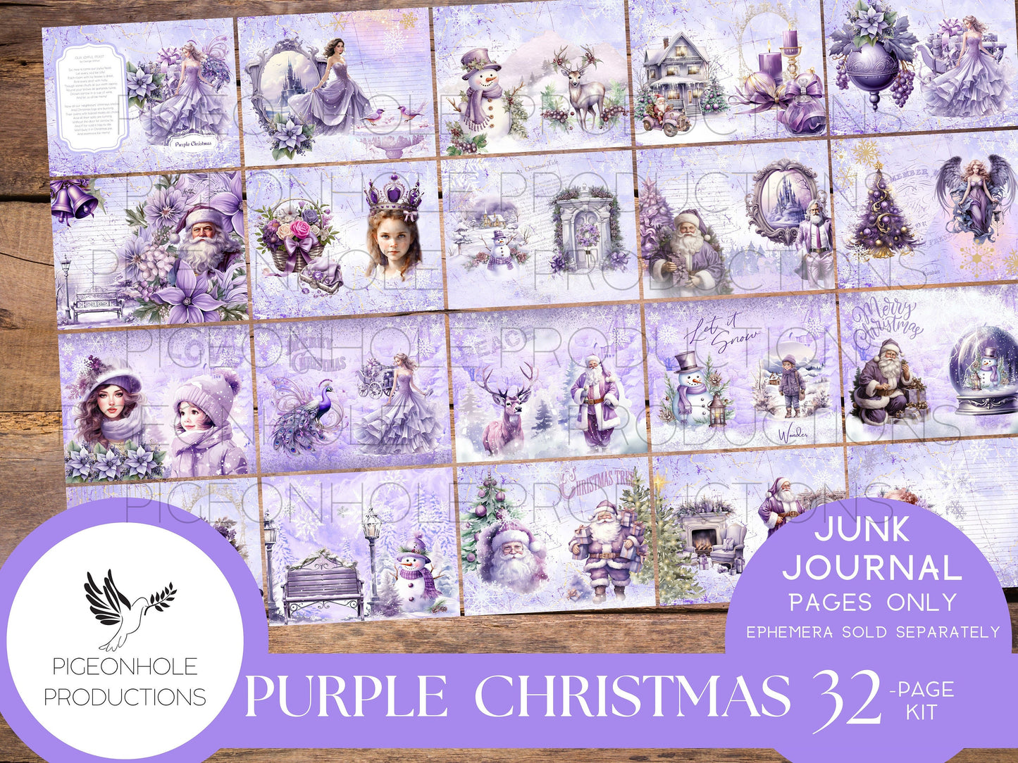 Purple Christmas Junk Journal Pages, PRINTABLE, 32 collage, lined & unlined wintery Christmas scenes, lovely purples, lavenders, Santa Claus