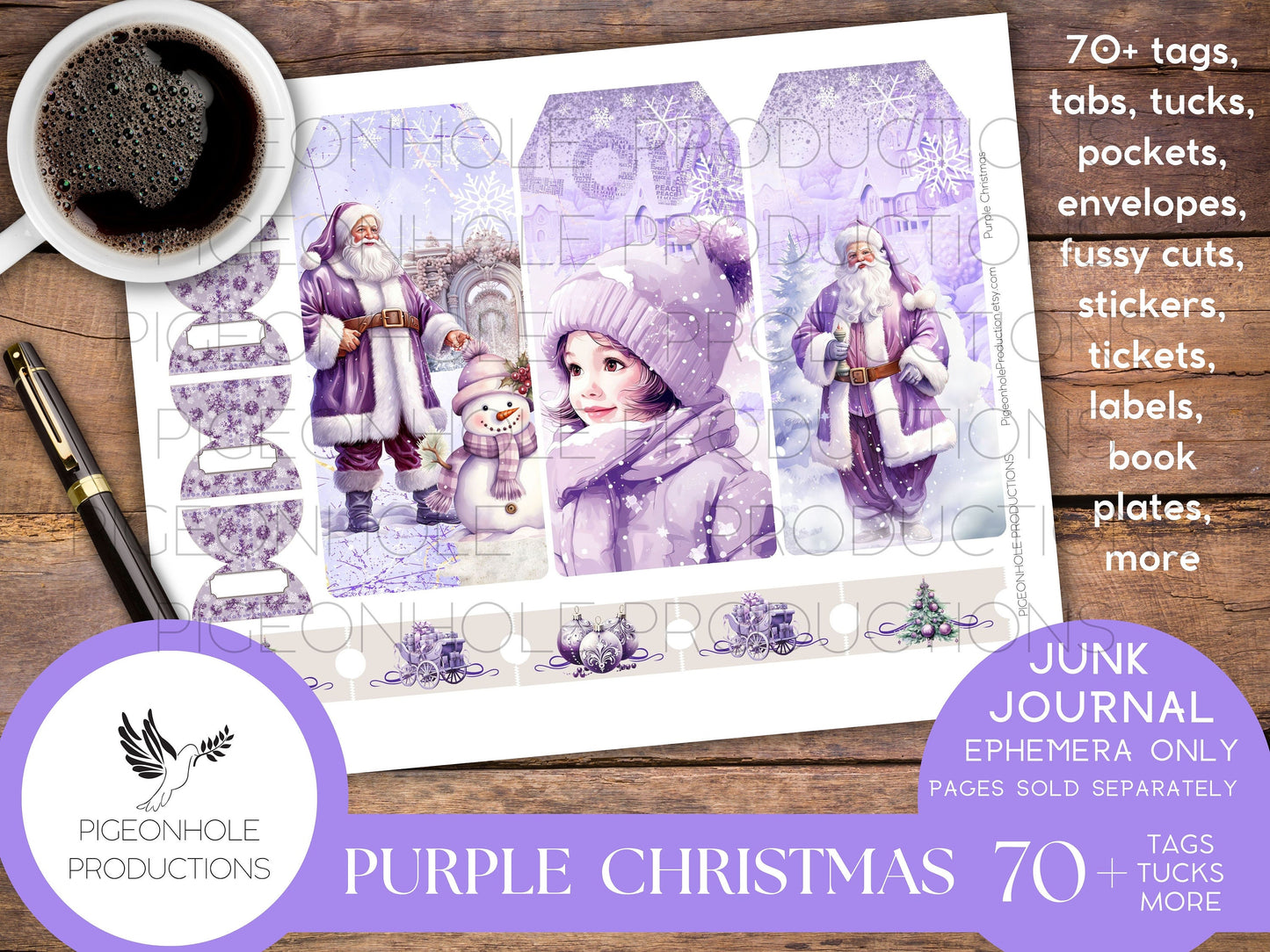 Purple Christmas Junk Journal EPHEMERA, PRINTABLE, 70+ tags, tucks, pockets, envelopes, fussy cuts, stickers, tickets, labels, bookplates