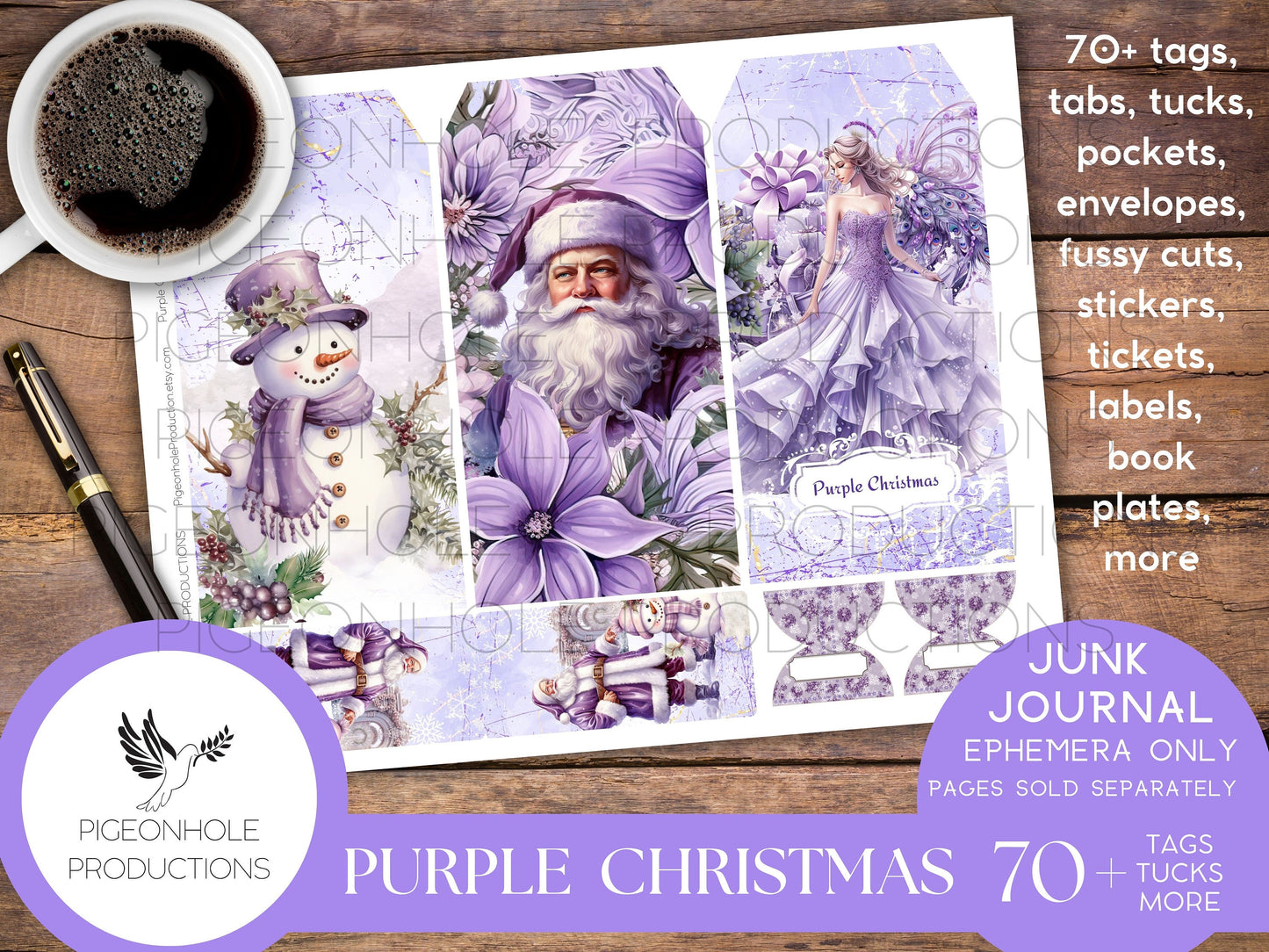 Purple Christmas Junk Journal EPHEMERA, PRINTABLE, 70+ tags, tucks, pockets, envelopes, fussy cuts, stickers, tickets, labels, bookplates