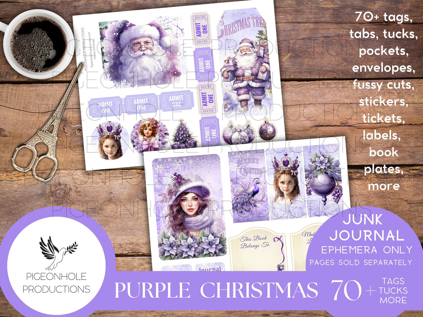 Purple Christmas Junk Journal EPHEMERA, PRINTABLE, 70+ tags, tucks, pockets, envelopes, fussy cuts, stickers, tickets, labels, bookplates