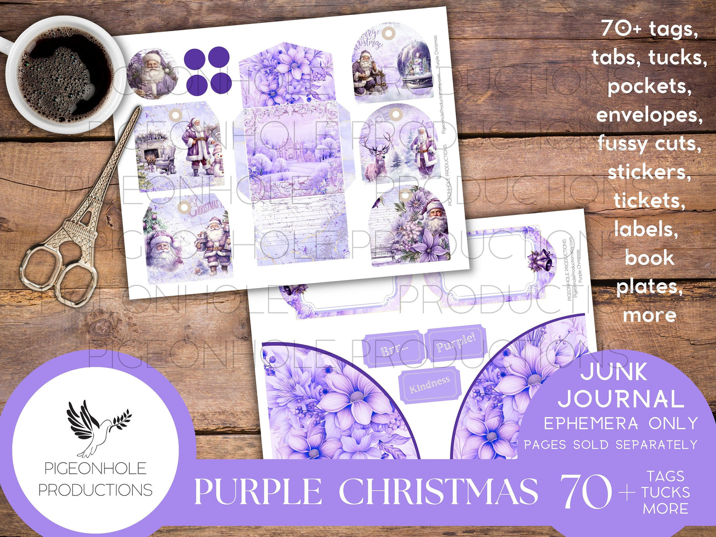 Purple Christmas Junk Journal EPHEMERA, PRINTABLE, 70+ tags, tucks, pockets, envelopes, fussy cuts, stickers, tickets, labels, bookplates