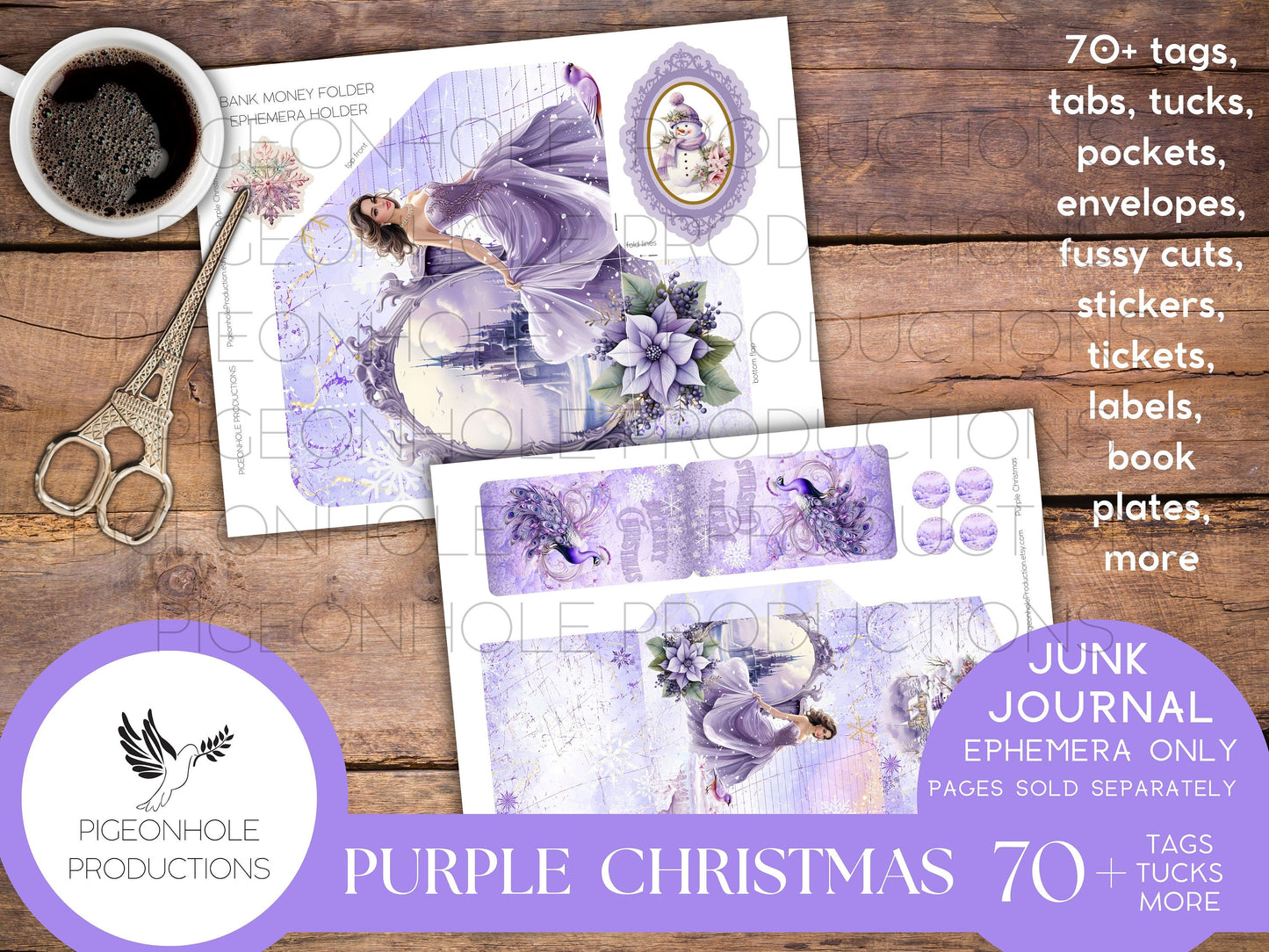 Purple Christmas Junk Journal EPHEMERA, PRINTABLE, 70+ tags, tucks, pockets, envelopes, fussy cuts, stickers, tickets, labels, bookplates