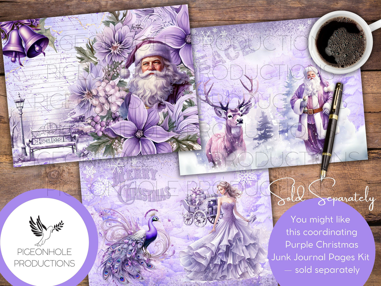 Purple Christmas Junk Journal EPHEMERA, PRINTABLE, 70+ tags, tucks, pockets, envelopes, fussy cuts, stickers, tickets, labels, bookplates