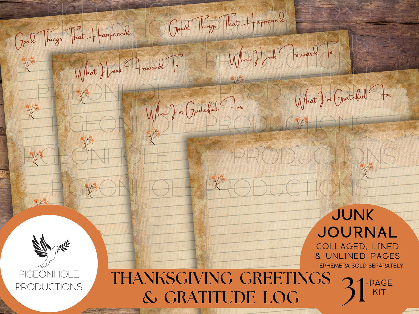 Thanksgiving Greetings Junk Journal Kit & Gratitude Log—PRINTABLE—31 page kit—with uplifting quotes