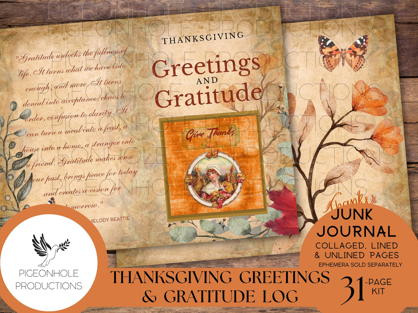Thanksgiving Greetings Junk Journal Kit & Gratitude Log—PRINTABLE—31 page kit—with uplifting quotes