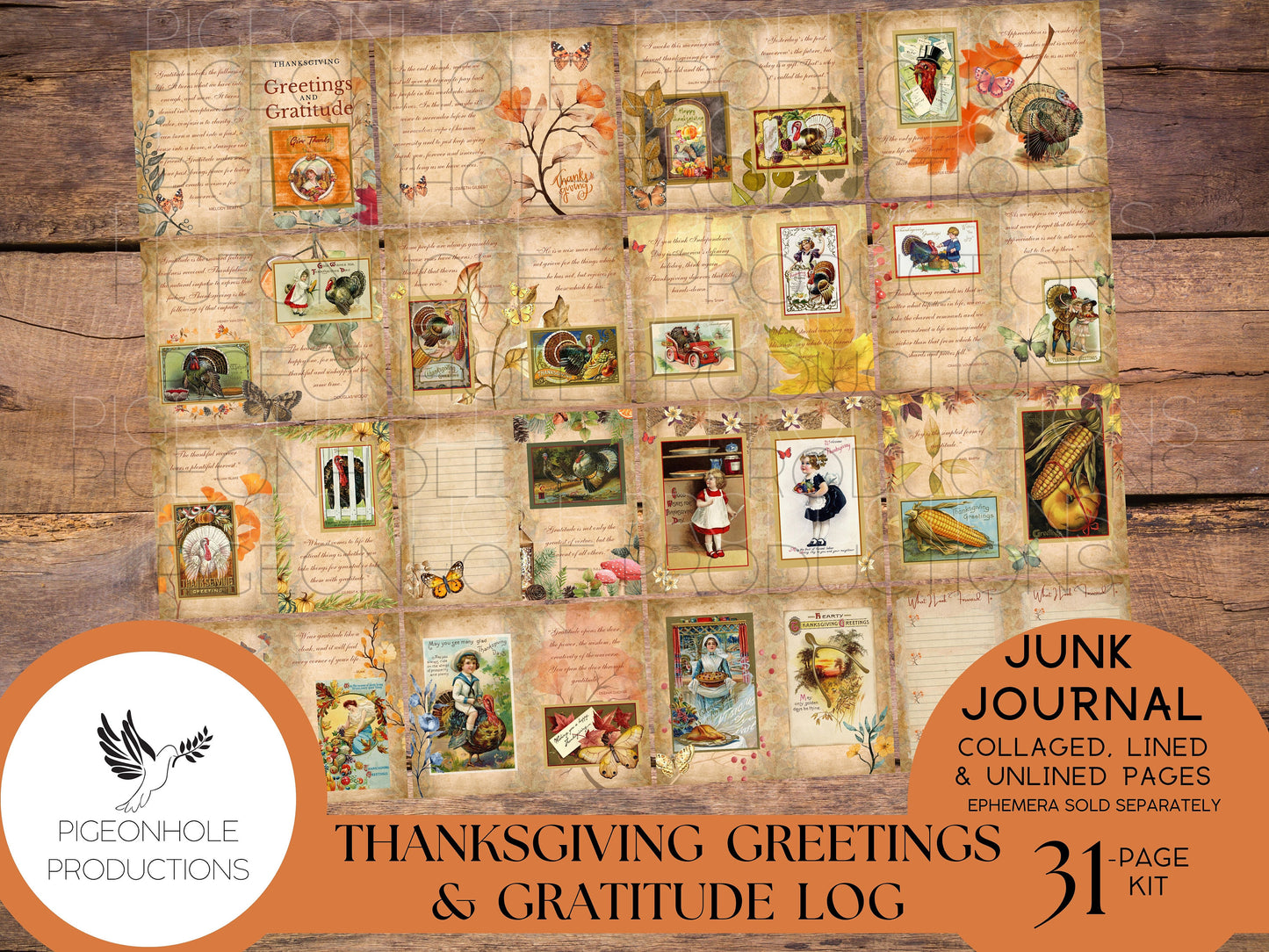 Thanksgiving Greetings Junk Journal Kit & Gratitude Log—PRINTABLE—31 page kit—with uplifting quotes