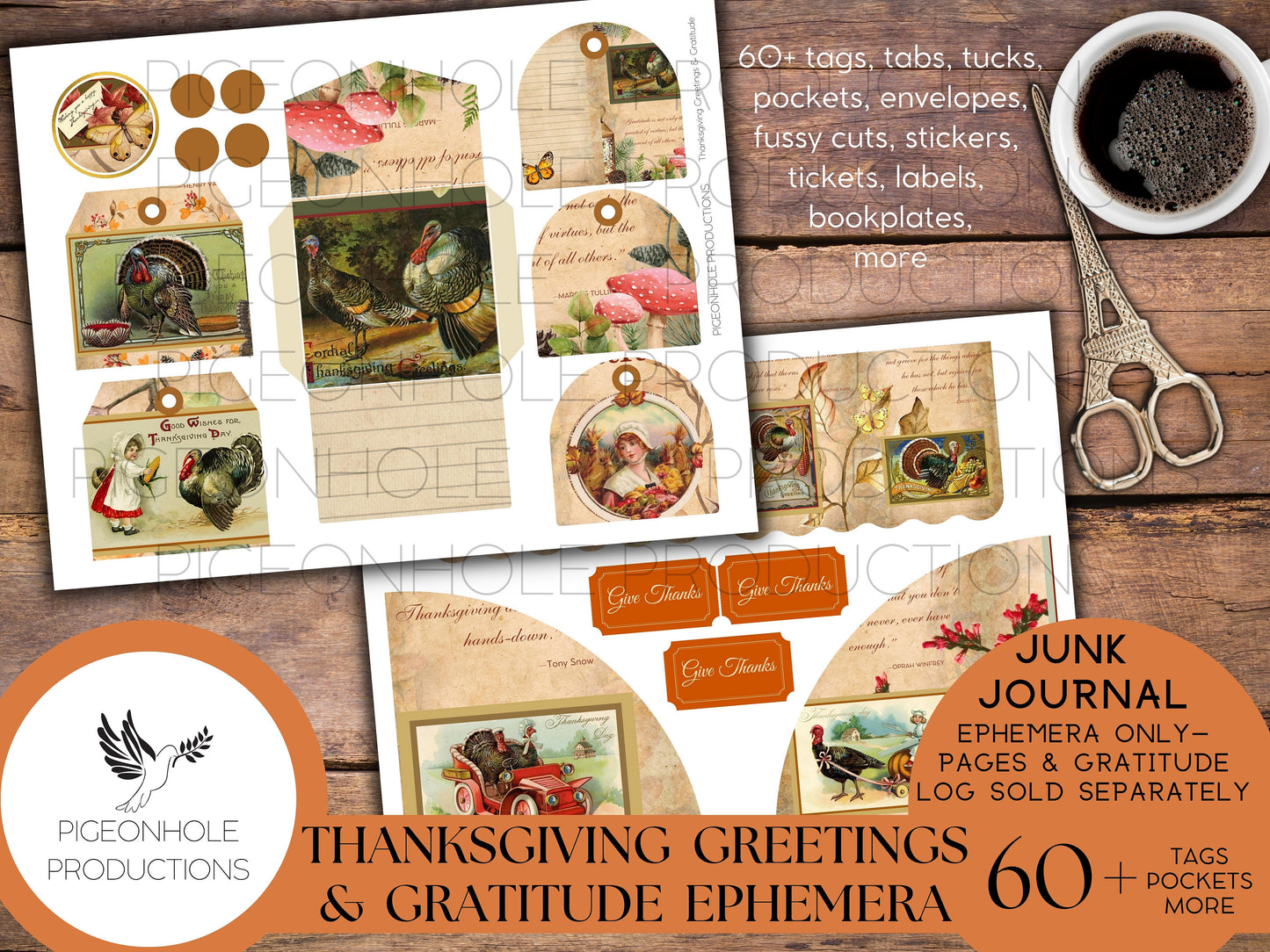 Thanksgiving Greetings & Gratitude Junk Journal EPHEMERA, PRINTABLE, 60+ tags, pockets, envelopes, stickers, fussy cuts, labels, bookplates