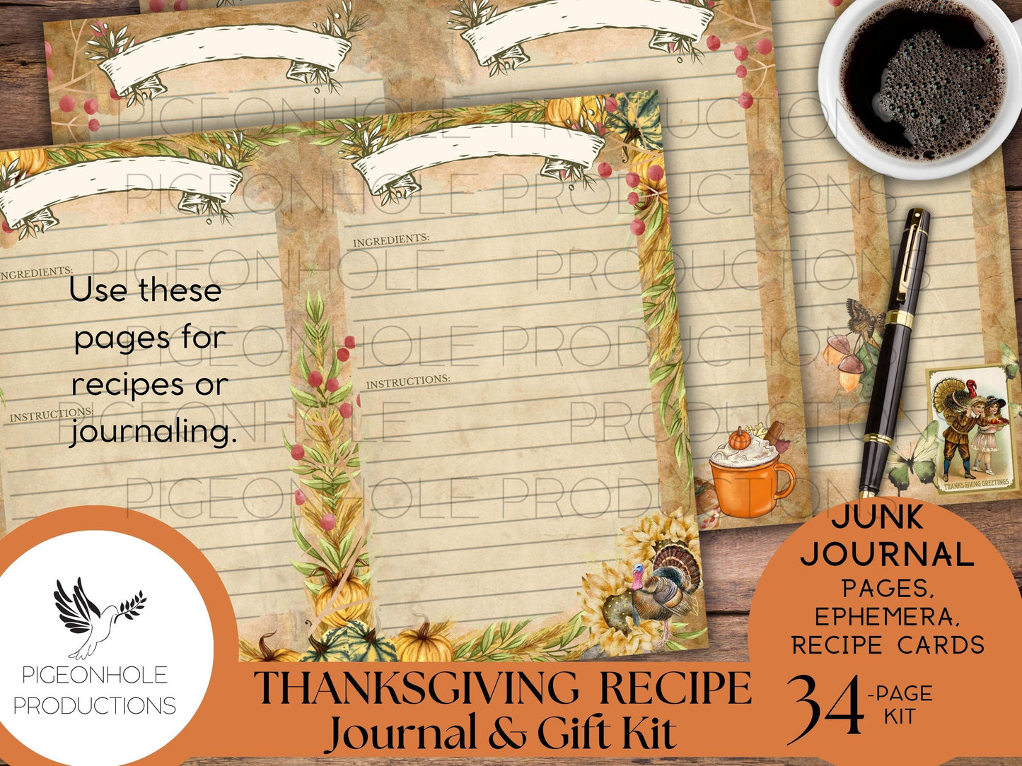 Thanksgiving Recipe Journal & Gift Kit, PRINTABLE, 34 sheets, with recipe cards, gift envelope—everything needed to make a journal or gift!