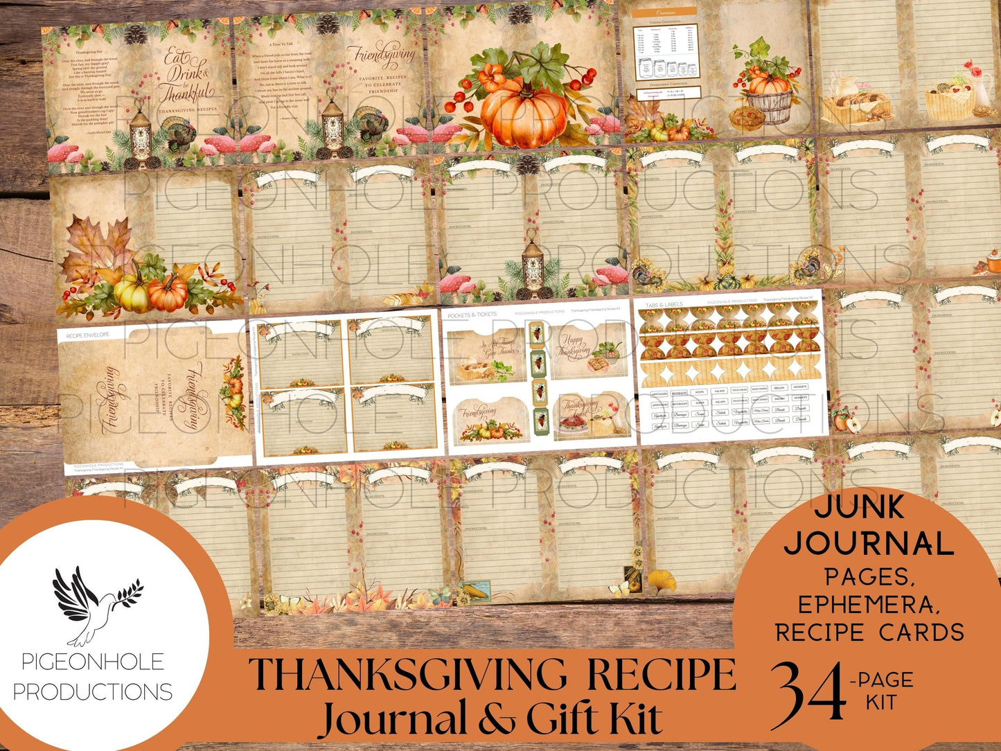 Thanksgiving Recipe Journal & Gift Kit, PRINTABLE, 34 sheets, with recipe cards, gift envelope—everything needed to make a journal or gift!