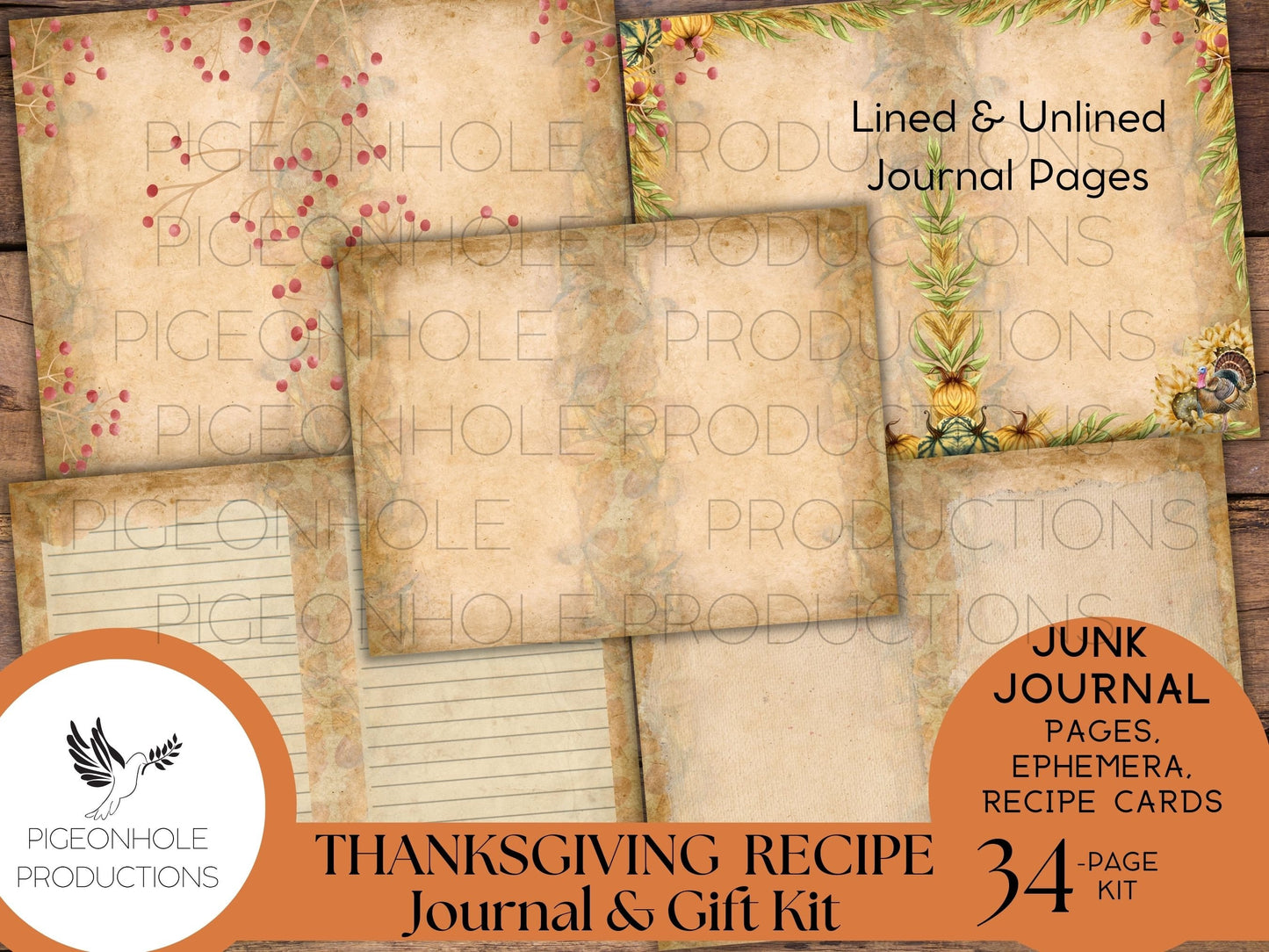 Thanksgiving Recipe Journal & Gift Kit, PRINTABLE, 34 sheets, with recipe cards, gift envelope—everything needed to make a journal or gift!