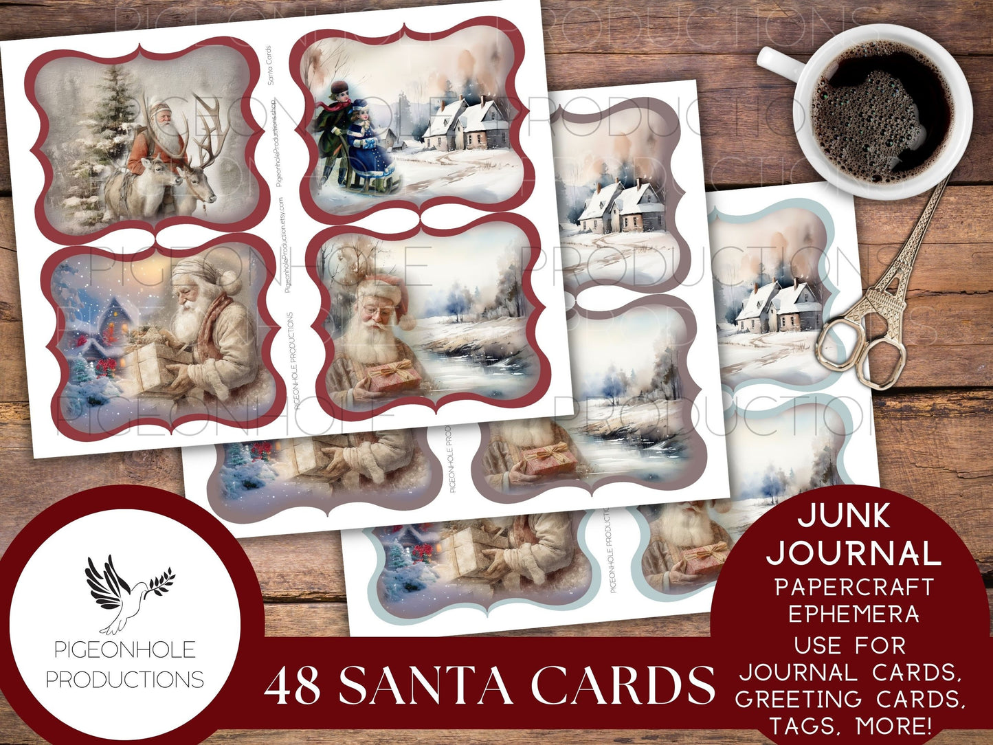 Santa Cards, PRINTABLE, 48 cards for junk journals, traditional journals, papercraft ephemera, greeting card toppers & junk journal toppers