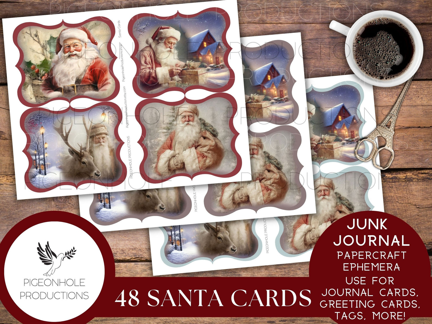 Santa Cards, PRINTABLE, 48 cards for junk journals, traditional journals, papercraft ephemera, greeting card toppers & junk journal toppers