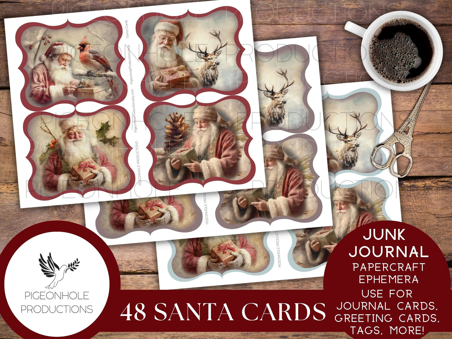 Santa Cards, PRINTABLE, 48 cards for junk journals, traditional journals, papercraft ephemera, greeting card toppers & junk journal toppers