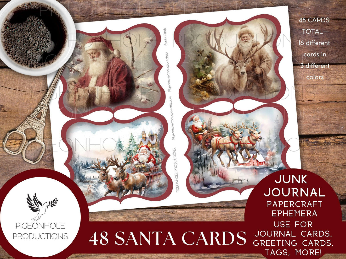 Santa Cards, PRINTABLE, 48 cards for junk journals, traditional journals, papercraft ephemera, greeting card toppers & junk journal toppers