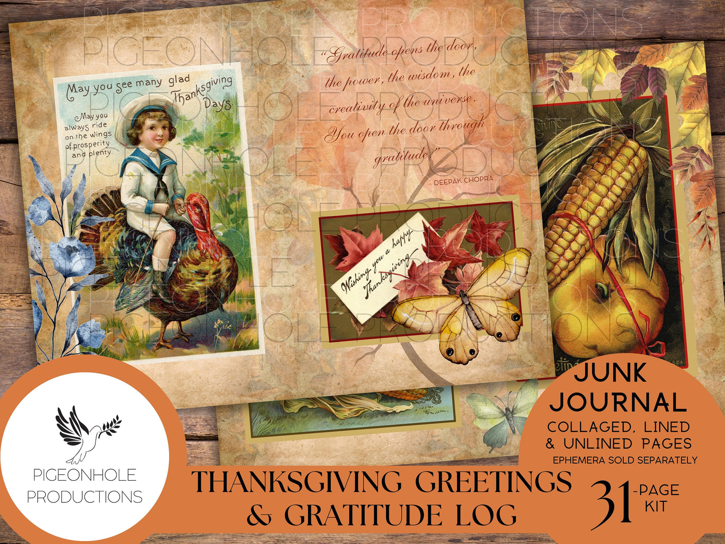Thanksgiving Greetings Junk Journal Kit & Gratitude Log—PRINTABLE—31 page kit—with uplifting quotes