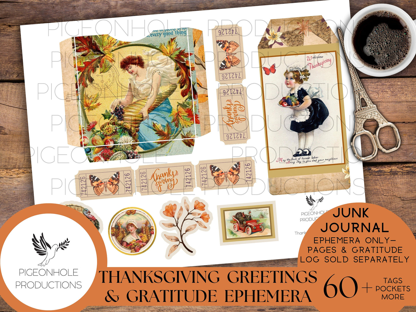 Thanksgiving Greetings & Gratitude Junk Journal EPHEMERA, PRINTABLE, 60+ tags, pockets, envelopes, stickers, fussy cuts, labels, bookplates