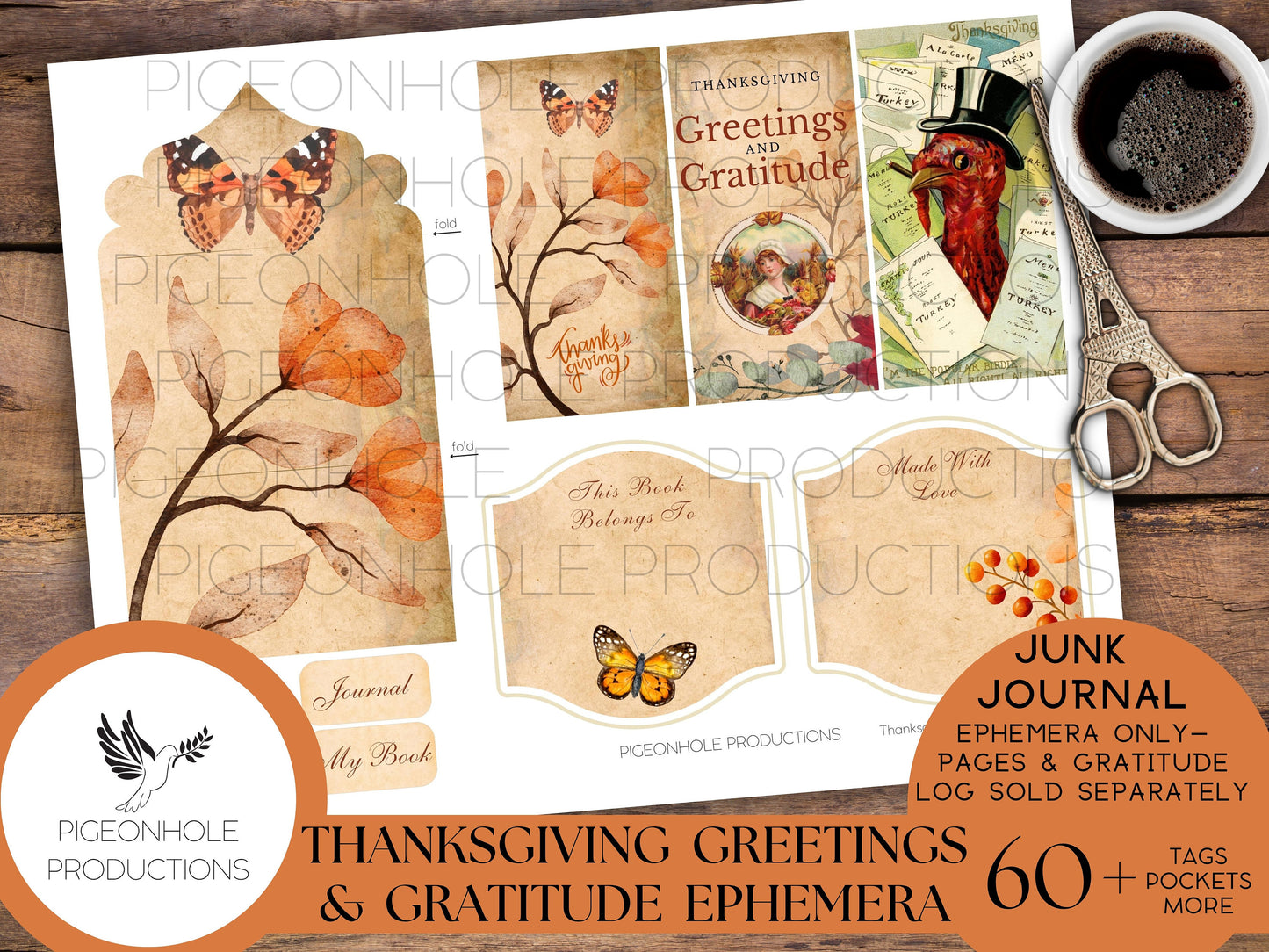 Thanksgiving Greetings & Gratitude Junk Journal EPHEMERA, PRINTABLE, 60+ tags, pockets, envelopes, stickers, fussy cuts, labels, bookplates