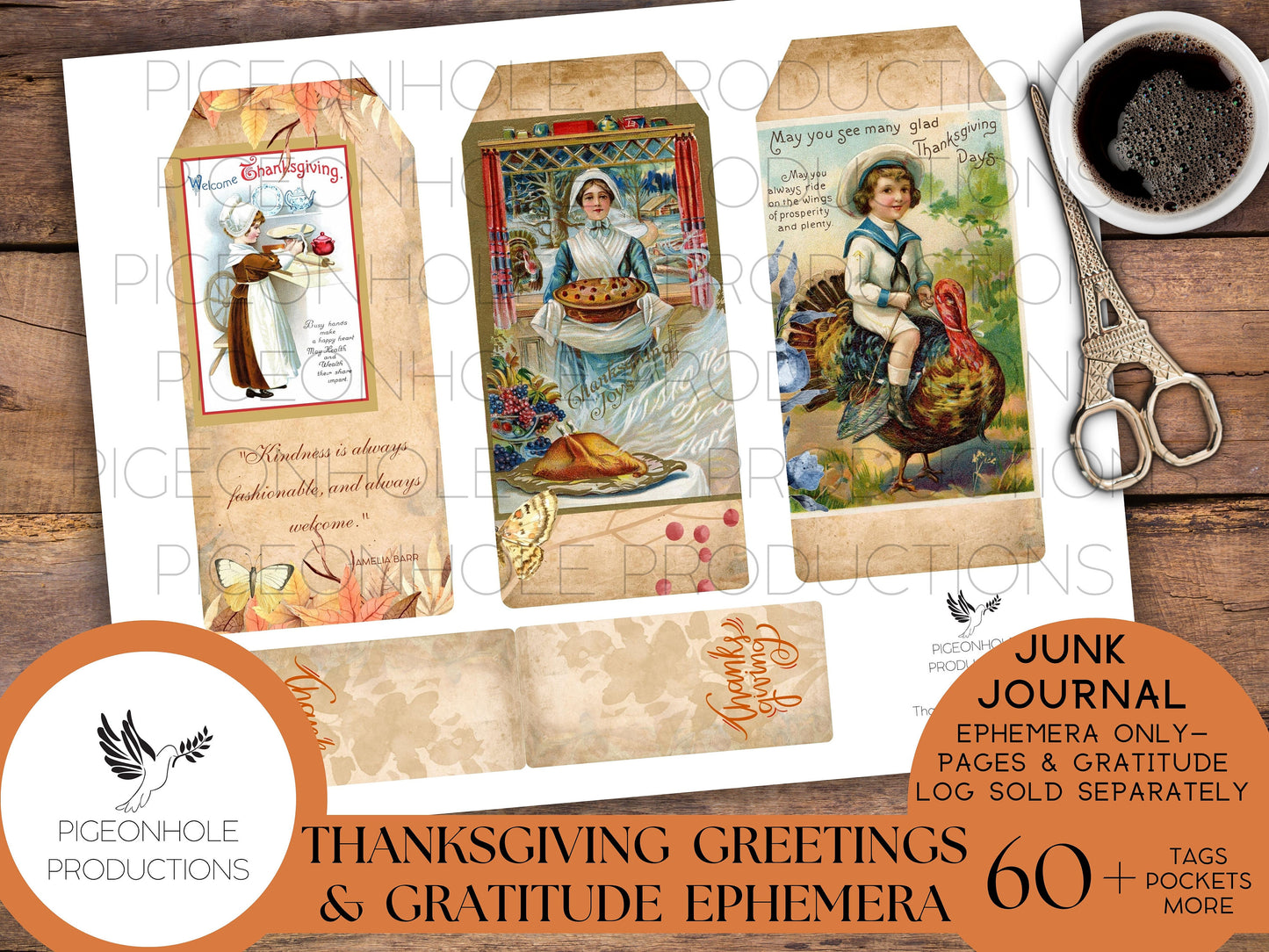 Thanksgiving Greetings & Gratitude Junk Journal EPHEMERA, PRINTABLE, 60+ tags, pockets, envelopes, stickers, fussy cuts, labels, bookplates