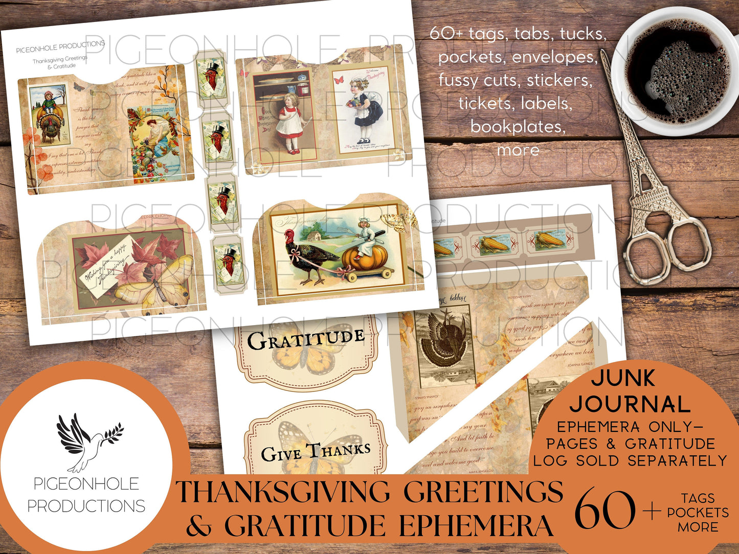 Thanksgiving Greetings & Gratitude Junk Journal EPHEMERA, PRINTABLE, 60+ tags, pockets, envelopes, stickers, fussy cuts, labels, bookplates