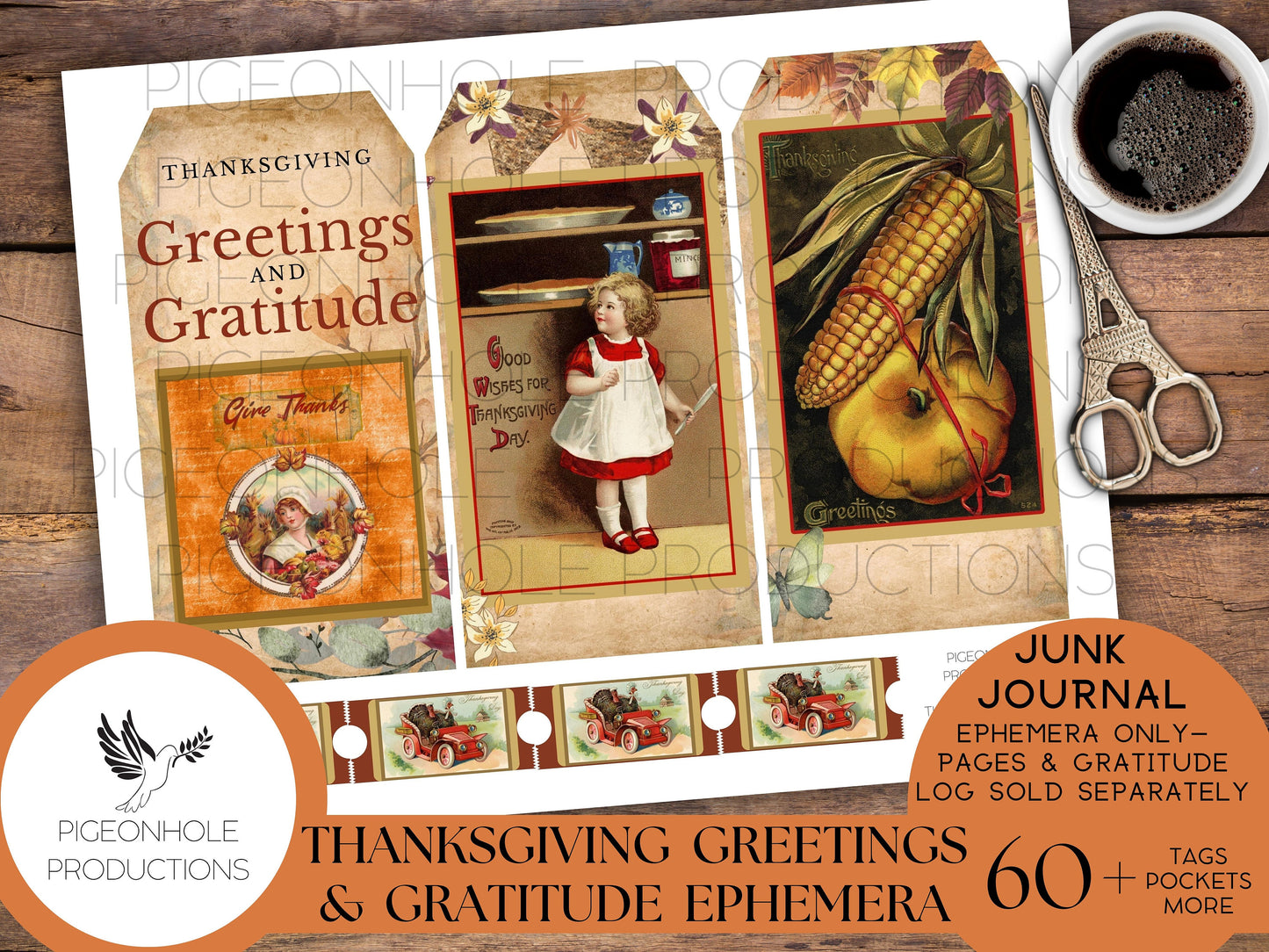 Thanksgiving Greetings & Gratitude Junk Journal EPHEMERA, PRINTABLE, 60+ tags, pockets, envelopes, stickers, fussy cuts, labels, bookplates