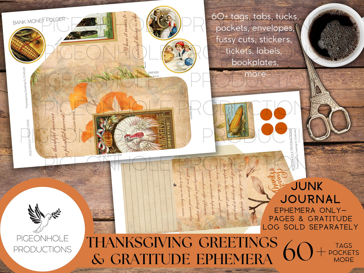 Thanksgiving Greetings & Gratitude Junk Journal EPHEMERA, PRINTABLE, 60+ tags, pockets, envelopes, stickers, fussy cuts, labels, bookplates