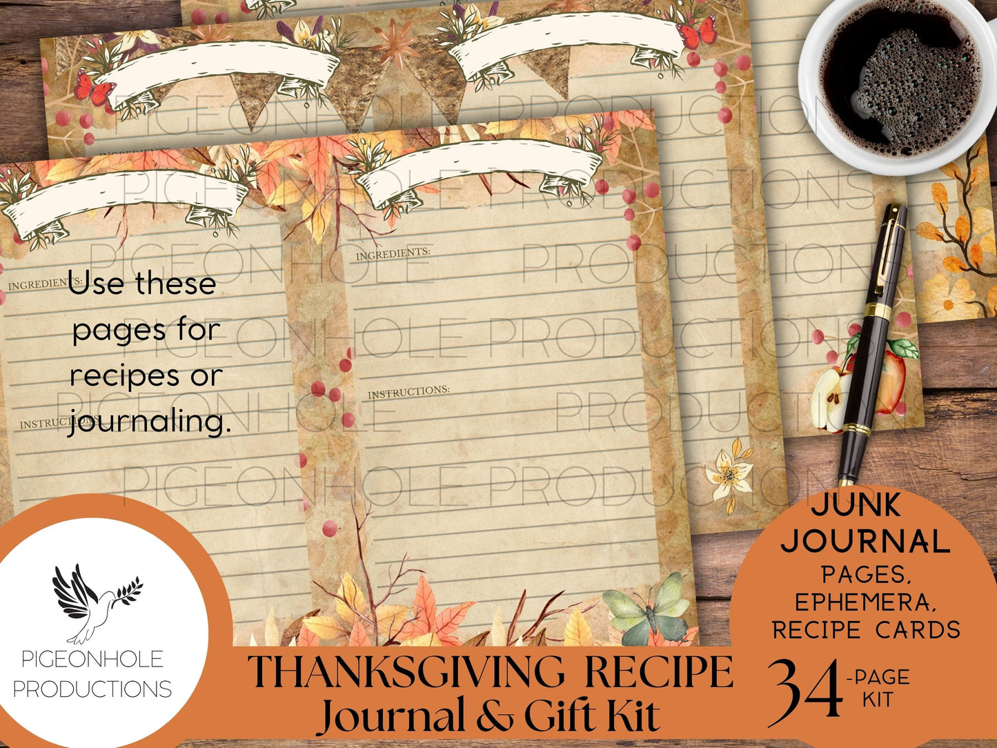 Thanksgiving Recipe Journal & Gift Kit, PRINTABLE, 34 sheets, with recipe cards, gift envelope—everything needed to make a journal or gift!